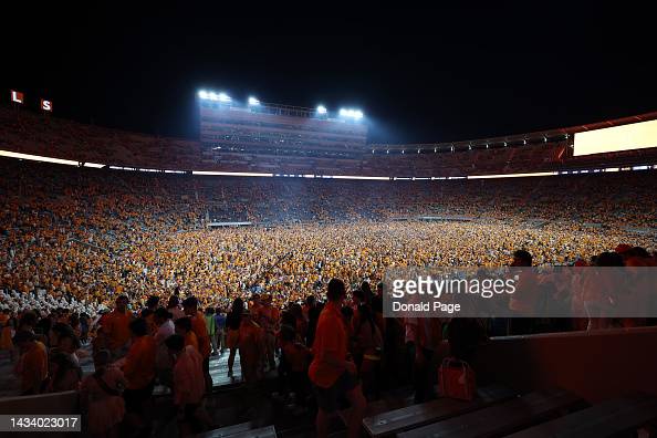 Tennessee Volunteers fans rush the field after defeating the Alabama Crimson Tide at Neyland Stadium on October 15, 2022 in Knoxville, Tennessee. Tennessee won the game 52-49. 