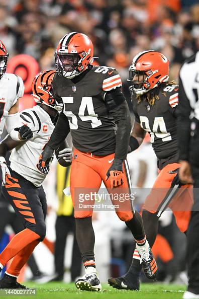 Deion Jones #54 of the Cleveland Browns celebrates a sack during the second half against the Cincinnati Bengals at FirstEnergy Stadium on October 31, 2022 in Cleveland, Ohio. 