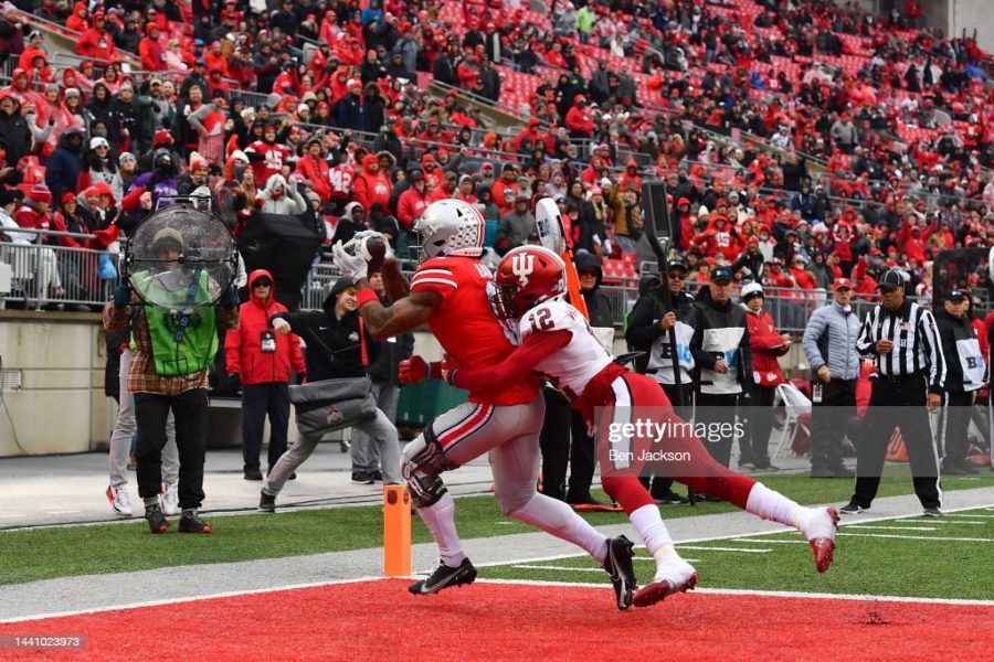 COLUMBUS, OHIO - NOVEMBER 12: Kamryn Babb #0 of the Ohio State Buckeyes scores a touchdown during the fourth quarter of a game against the Indiana Hoosiers at Ohio Stadium on November 12, 2022 in Columbus, Ohio. (Photo by Ben Jackson/Getty Images)