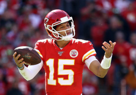 KANSAS CITY, MISSOURI - OCTOBER 13:  Quarterback Patrick Mahomes #15 of the Kansas City Chiefs questions a penalty during the game against the Houston Texans at Arrowhead Stadium on October 13, 2019 in Kansas City, Missouri. (Photo by Jamie Squire/Getty Images)