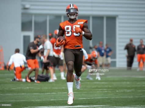 BEREA, OH - JULY 27, 2017: Tight end David Njoku #85 of the Cleveland Browns carries the ball during a training camp practice on July 27, 2017 at the Cleveland Browns training facility in Berea, Ohio. (Photo by: 2017 Nick Cammett/Diamond Images/Getty Images)