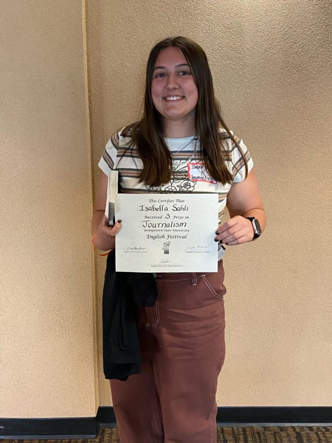 Isabella Sahli took home 3rd Place in the Journalism Workshop at YSUs English Festival.