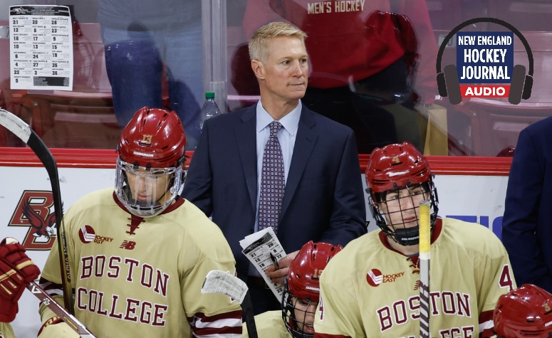 CHESTNUT HILL, MA - DECEMBER 2: Head Coach Greg Brown of the Boston College Eagles stands behind the bench during a game against the Providence College Friars during NCAA hockey at Kelley Rink on December 2, 2022 in Chestnut Hill, Massachusetts. The game ended in a 1-1 tie with the Friars winning in a shootout. (Photo by Richard T Gagnon/Getty Images)