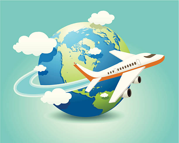 Vector illustration of airplane travel on globe.