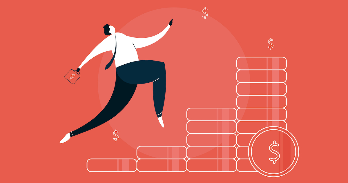 Man run and jump on money stairs, business growth